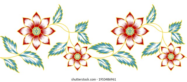 Seamless tropical flower border pattern with leaves and white background