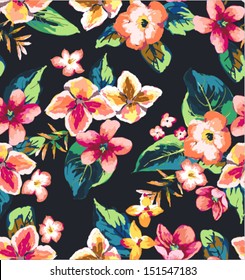 seamless tropical flower dark background vector pattern