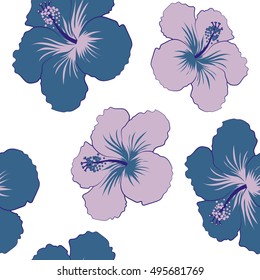 Seamless tropical flower, hibiscus pattern vector background.