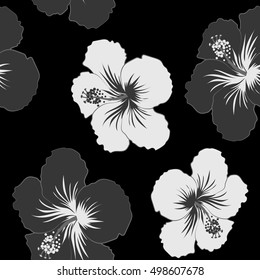 Seamless tropical flower, hibiscus pattern. Vector illustration in gray and neutral colors on a black background.