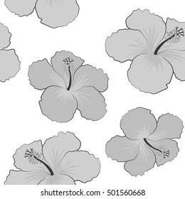 Seamless tropical flower, hibiscus pattern. Vector illustration in gray colors on a white background.