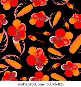 Seamless tropical flower, hibiscus pattern. Vector illustration in red colors on a black background.