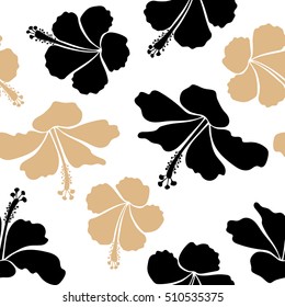 Seamless tropical flower, hibiscus pattern. Vector illustration in beige and black colors on a white background.