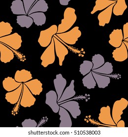 Seamless tropical flower, hibiscus pattern. Vector illustration in gray and yellow colors on a black background.
