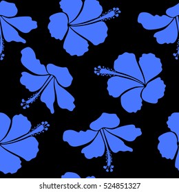 Seamless tropical flower, hibiscus pattern. Vector illustration in blue colors on a black background.