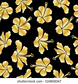 Seamless tropical flower, hibiscus pattern. Vector illustration in yellow and beige colors on a black background.