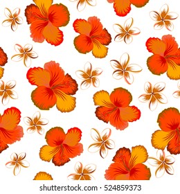 Seamless tropical flower, hibiscus pattern. Vector illustration in brown, orange and yellow colors on a white background.