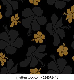 Seamless tropical flower, hibiscus pattern. Vector illustration in gray and brown colors on a black background.