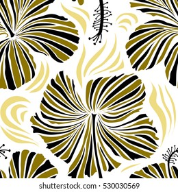 Seamless tropical flower, hibiscus pattern. Vector illustration in black and brown colors on a white background.