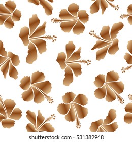Seamless tropical flower, hibiscus pattern. Vector illustration in beige and brown colors on a white background.