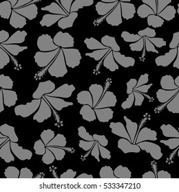 Seamless tropical flower, hibiscus pattern. Vector illustration in gray colors on a black background.