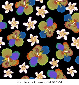 Seamless tropical flower, hibiscus pattern. Vector illustration in blue, yellow and gray colors on a black background.