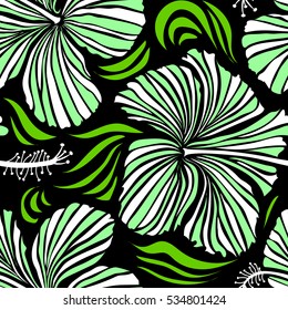 Seamless tropical flower, hibiscus pattern. Vector illustration in green and white colors on a black background.