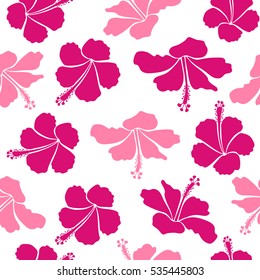 Seamless tropical flower, hibiscus pattern. Vector illustration in pink and magenta colors on a white background.