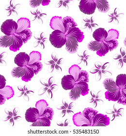 Seamless tropical flower, hibiscus pattern. Vector illustration in pink, purple and magenta colors on a white background.
