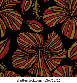 Seamless tropical flower, hibiscus pattern. Vector illustration in red and brown colors on a black background.