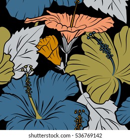 Seamless tropical flower, hibiscus pattern. Vector illustration in orange, gray and yellow colors on a black background.