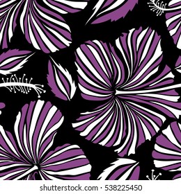 Seamless tropical flower, hibiscus pattern. Vector illustration in white and purple colors on a black background.