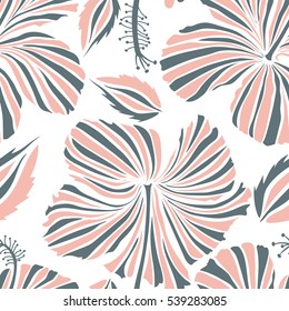 Seamless tropical flower, hibiscus pattern. Vector illustration in beige and white colors on a white background.