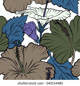 Seamless tropical flower, hibiscus pattern. Vector illustration in violet and green colors on a white background.