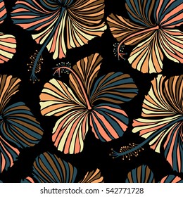 Seamless tropical flower, hibiscus pattern. Vector illustration in orange, brown and yellow colors on a black background.