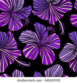 Seamless tropical flower, hibiscus pattern. Vector illustration in violet and neutral colors on a black background.