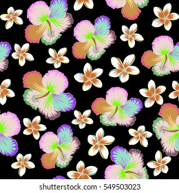 Seamless tropical flower, hibiscus pattern. Vector illustration in neutral, green and yellow colors on a black background.