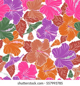 Seamless tropical flower, hibiscus pattern. Vector illustration in violet, pink and orange colors on a white background.