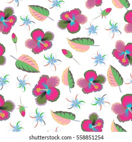 Seamless tropical flower, hibiscus pattern. Vector illustration in blue and orange colors on a white background.