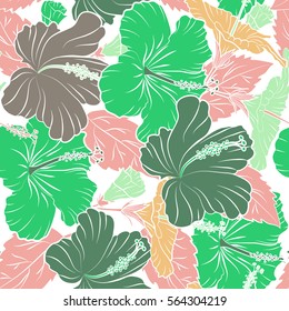 Seamless tropical flower, hibiscus pattern. Vector illustration in pink and green colors on a white background.