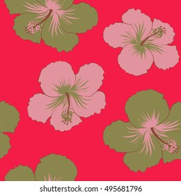 Seamless tropical flower, hibiscus vector pattern background.