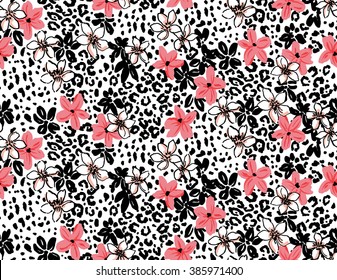 Seamless tropical flower with leopard background vector pattern