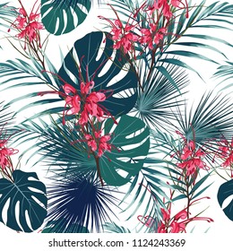 Seamless tropical flower pattern background. Protea flowers, jungle leaves, on light background. Exotic print. Vintage  motives. White background.