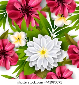 Seamless Tropical flower pattern, blossom cluster seamless pattern . Beautiful background with tropical flowers and palm leaves, plant and leaf.