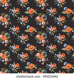 Seamless tropical flower pattern. Colorful vintage floral background. Flower graphic set with bouquet of rose, rafflesia, leaves, herbs and other hand drawn botanical elements. Vector