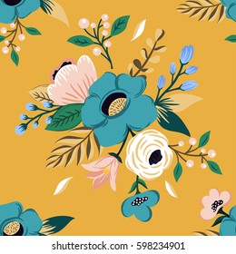 Seamless tropical flower pattern. Colorful vintage floral background. Flower graphic set with bouquet of rose, rafflesia, leaves, herbs and other hand drawn botanical elements. Vector