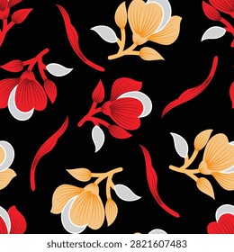 Seamless tropical flower pattern with red and yellow blossoms on black background, tropical