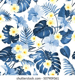 Seamless tropical flower. Tropical plumeria and blue palm leaves. Fabric swatch with paradise flowers isolated over white background. Blossom plumeria for seamless pattern background.