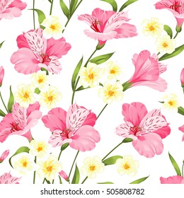 Seamless tropical flower. Tropical plumeria and green leaves. Light fabric swatch with pradise flowers isolated over white background. Blossom plumeria for seamless pattern background.