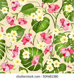 Seamless tropical flower. Tropical plumeria and green palm leaves. Light fabric swatch with pradise flowers isolated over yellow background. Blossom plumeria for seamless pattern background.