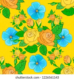 Seamless tropical flower. Rose seamless pattern background in green, blue and yellow colors, retro botanical style. Stylish flowers print.