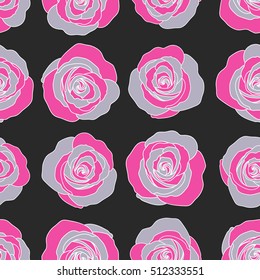 Seamless tropical flower. Rose seamless pattern background in gray and pink colors, retro botanical style. Stylish flowers print.