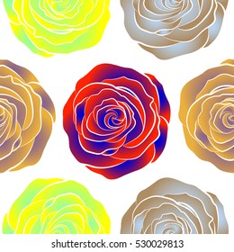 Seamless tropical flower. Rose seamless pattern background in red, yellow and purple colors, retro botanical style. Stylish flowers print.