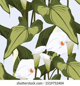 Seamless tropical flower. Tropical Spathiphyllum and leaves. Fabric swatch with paradise flowers isolated over light blue background.