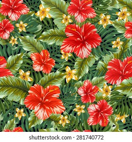 Seamless tropical flower vector pattern background. Hawaiian flower seamless pattern. Hibiscus flowers and palm trees leaves seamless texture