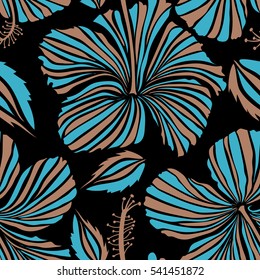 Seamless tropical flowers in beige and blue colors. Hibiscus vector pattern on a black background.
