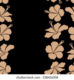 Seamless tropical flowers in beige colors. Vertical hibiscus vector pattern with copy space (place for your text) on a black background.