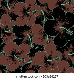 Seamless tropical flowers in black and brown colors. Hibiscus vector seamless pattern.