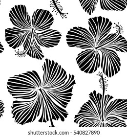 Seamless tropical flowers in black colors. Hibiscus vector pattern on a white background.