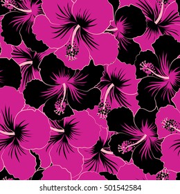 Seamless tropical flowers in black and magenta colors. Hibiscus vector seamless pattern.